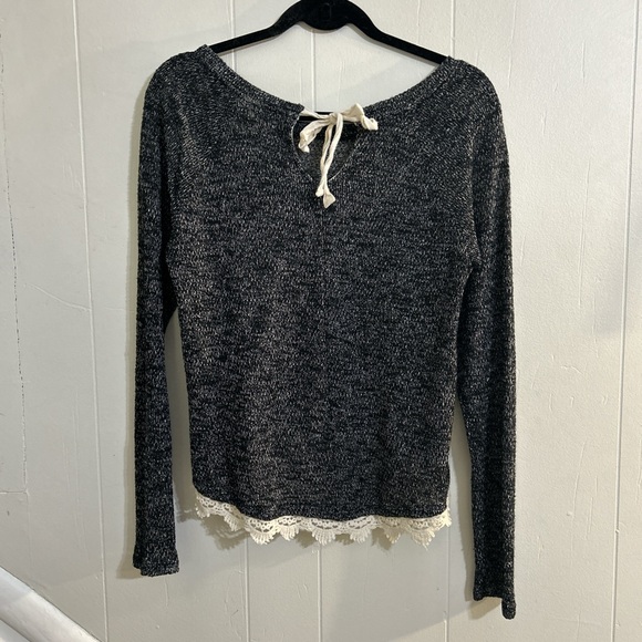 Mossimo Lightweight Gray Knit Sweater w/ Lace Trim - Back Tie & Keyhole - Size L - Picture 3 of 6